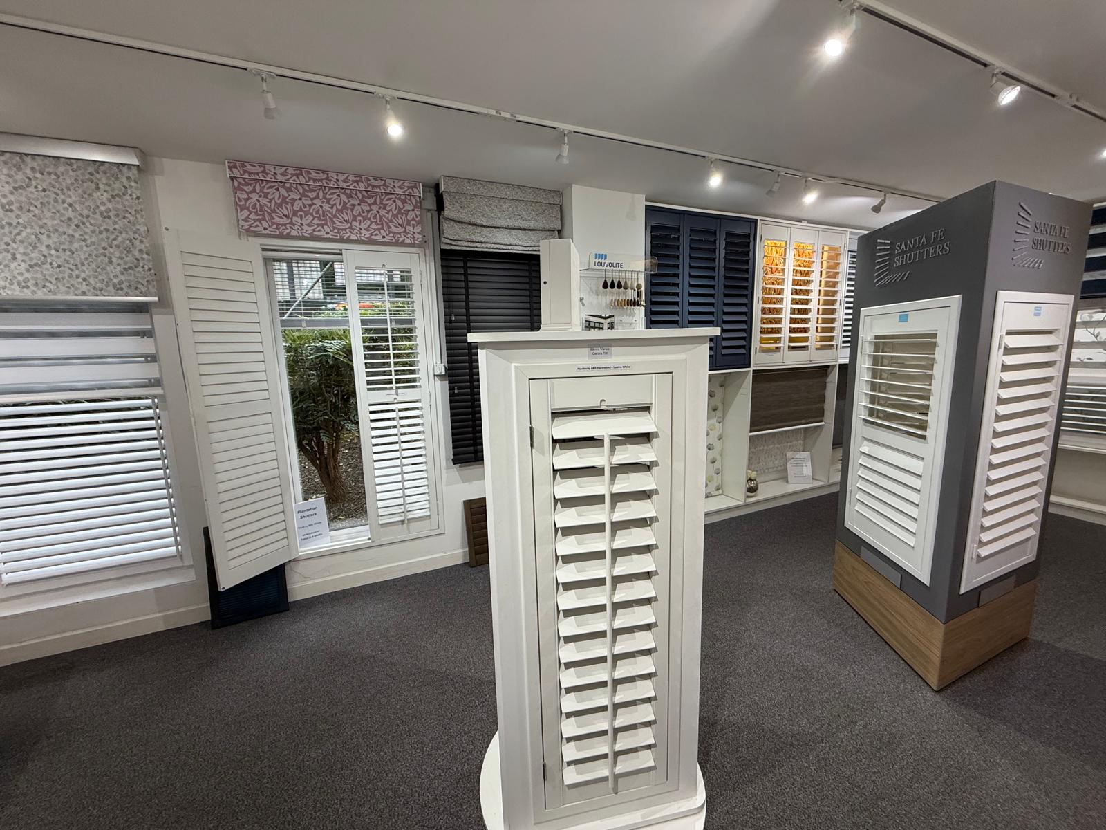 Shutter and blind displays in the Middleton Blinds & Shutters showroom