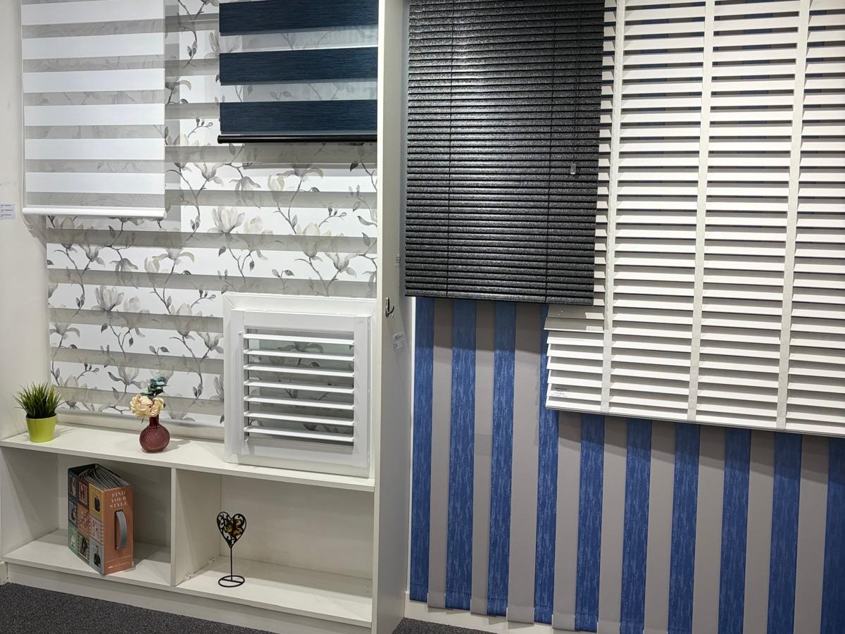 Roller, Venetian and vertical blind samples on display in the showroom