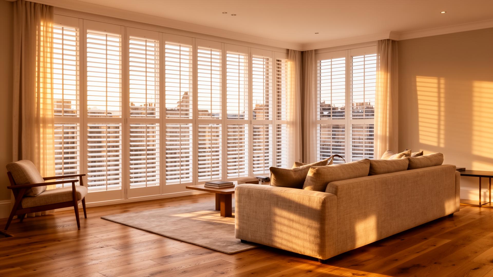 Manchester living room with fitted plantation shutters